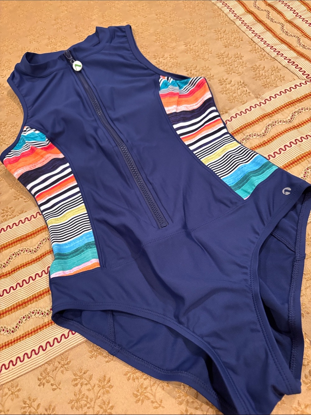 next Navy Zip-Front One-Piece Swimsuit with Multicolor Stripe Panels, M